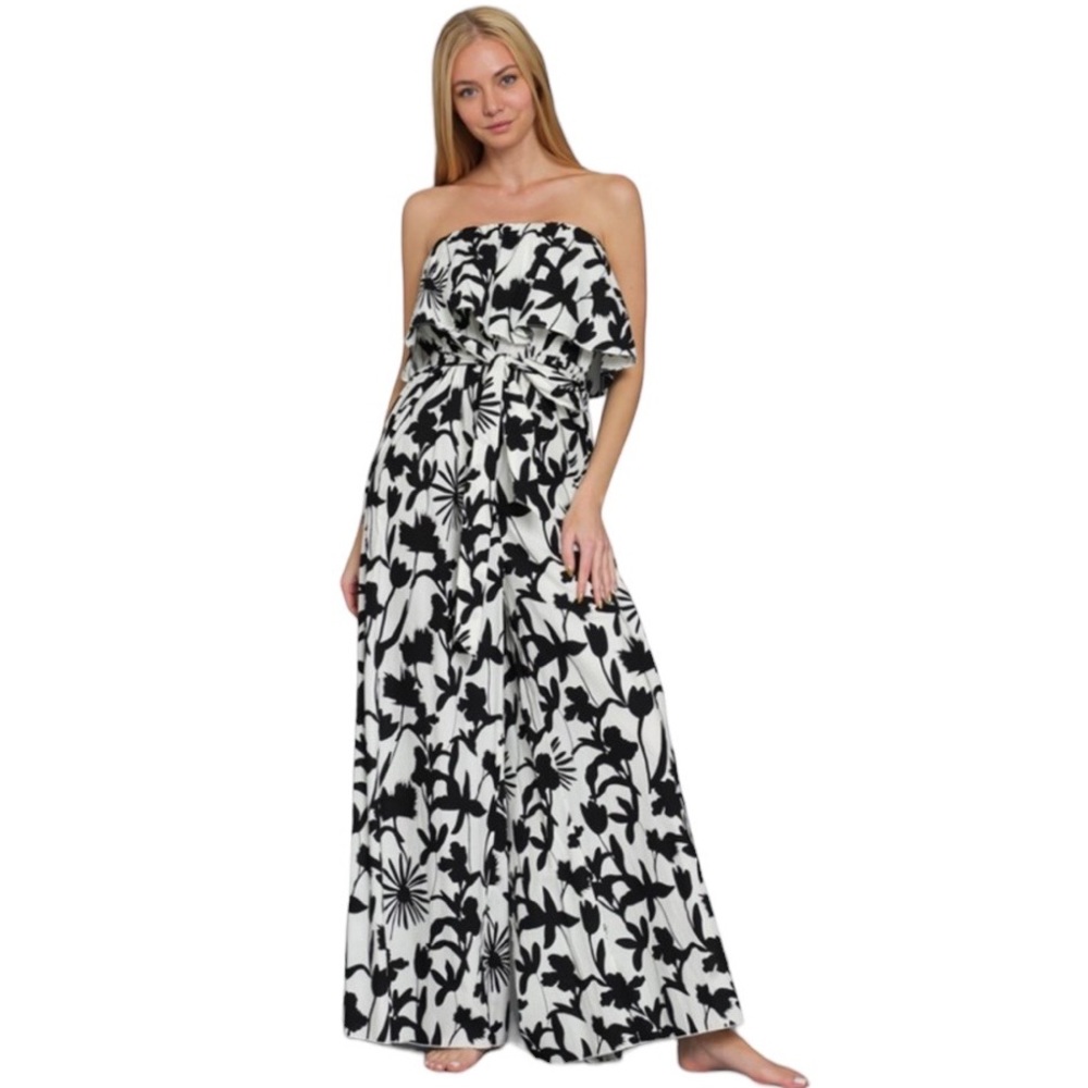 Women’s Black-White Floral Print Strapless Jumpsuit